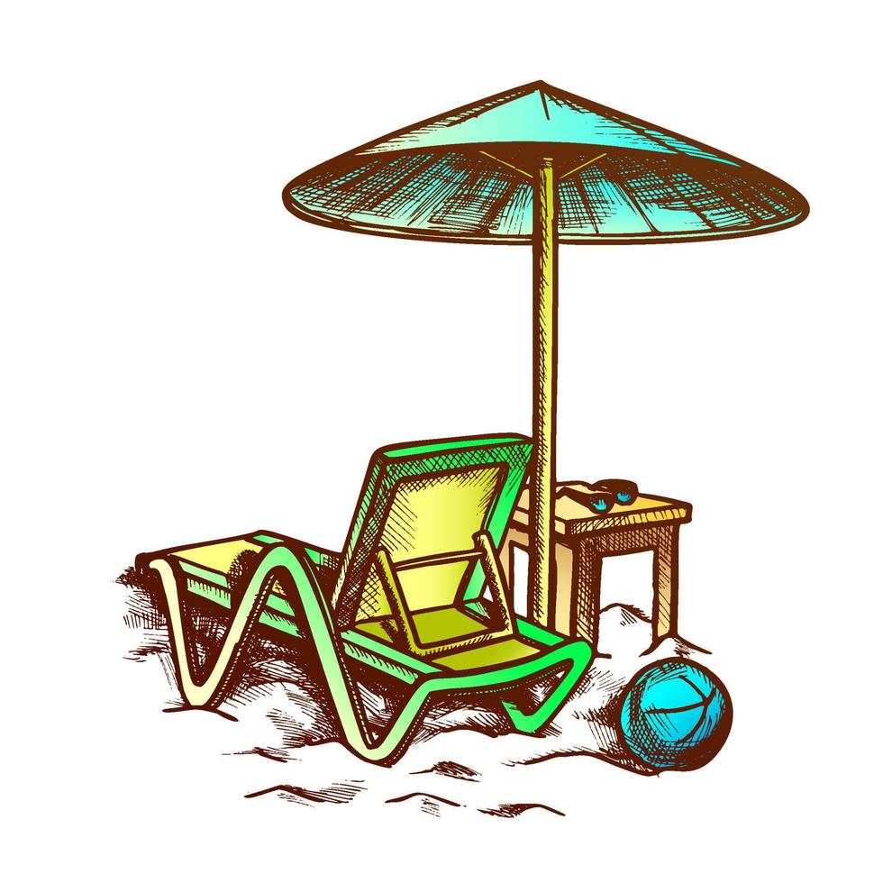 silla de playa con sombrilla y taburete vector retro