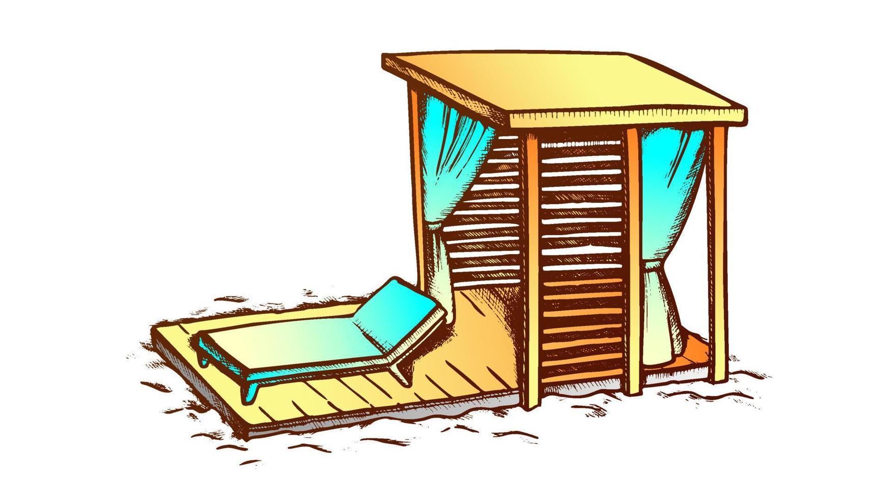 Deck Chair And Wooden Canopy On Beach Ink Vector