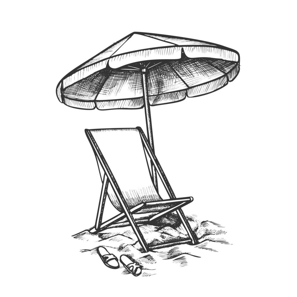 Deck Chair With Umbrella And Slippers Ink Vector