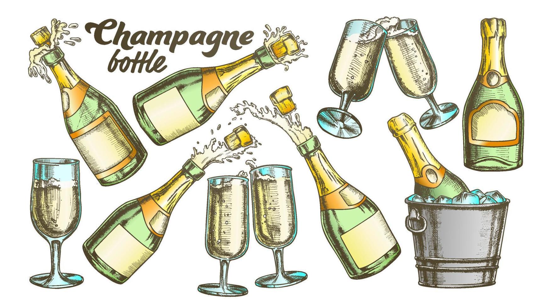 Champagne Bottle And Glass Color Set Vector