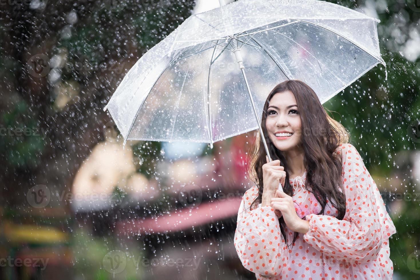 hermosa chica bajo la lluvia con paraguas transparente foto