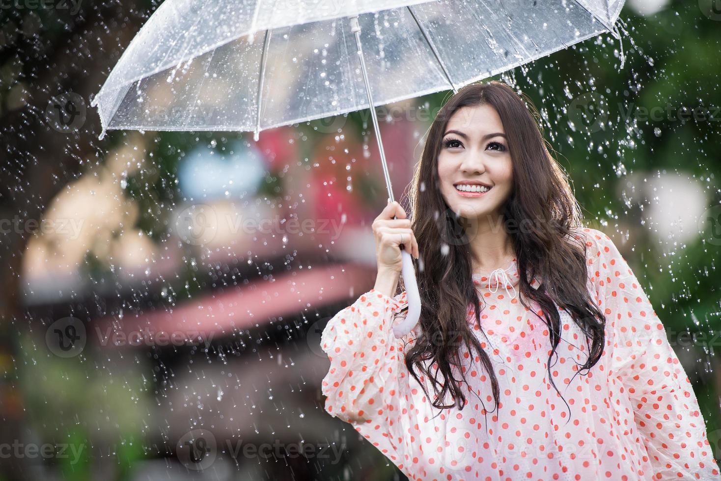 Beautiful girl in the rain with transparent umbrella photo