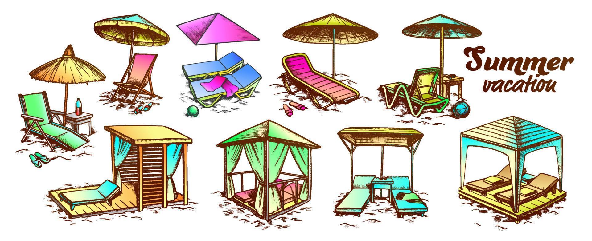 muebles de playa de vacaciones de verano set vector retro