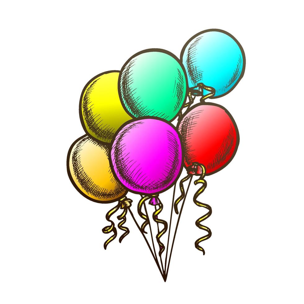 Balloons Bunch With Curly Ribbon Monochrome Vector
