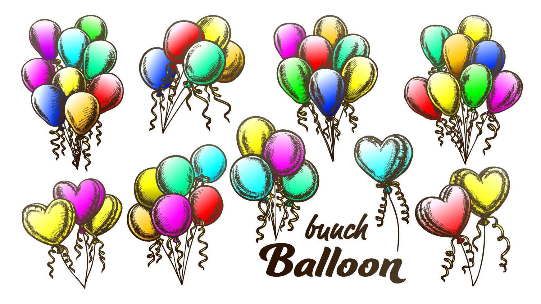 Balloons Bunch With Curly Ribbon Retro Set Vector