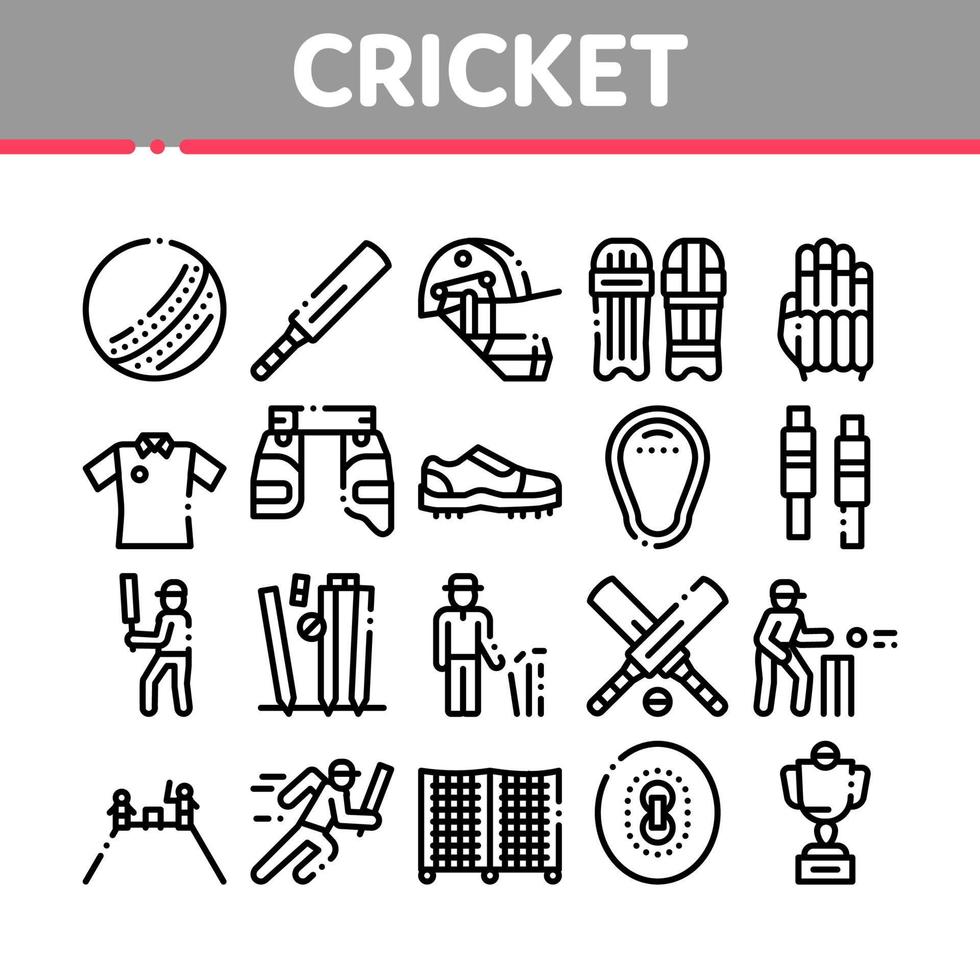 Cricket Game Collection Elements Icons Set Vector