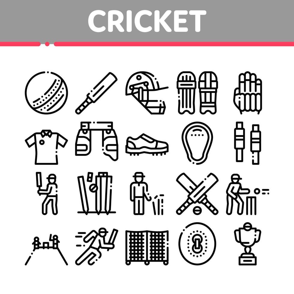 conjunto de iconos de elementos de colección de juegos de cricket vector