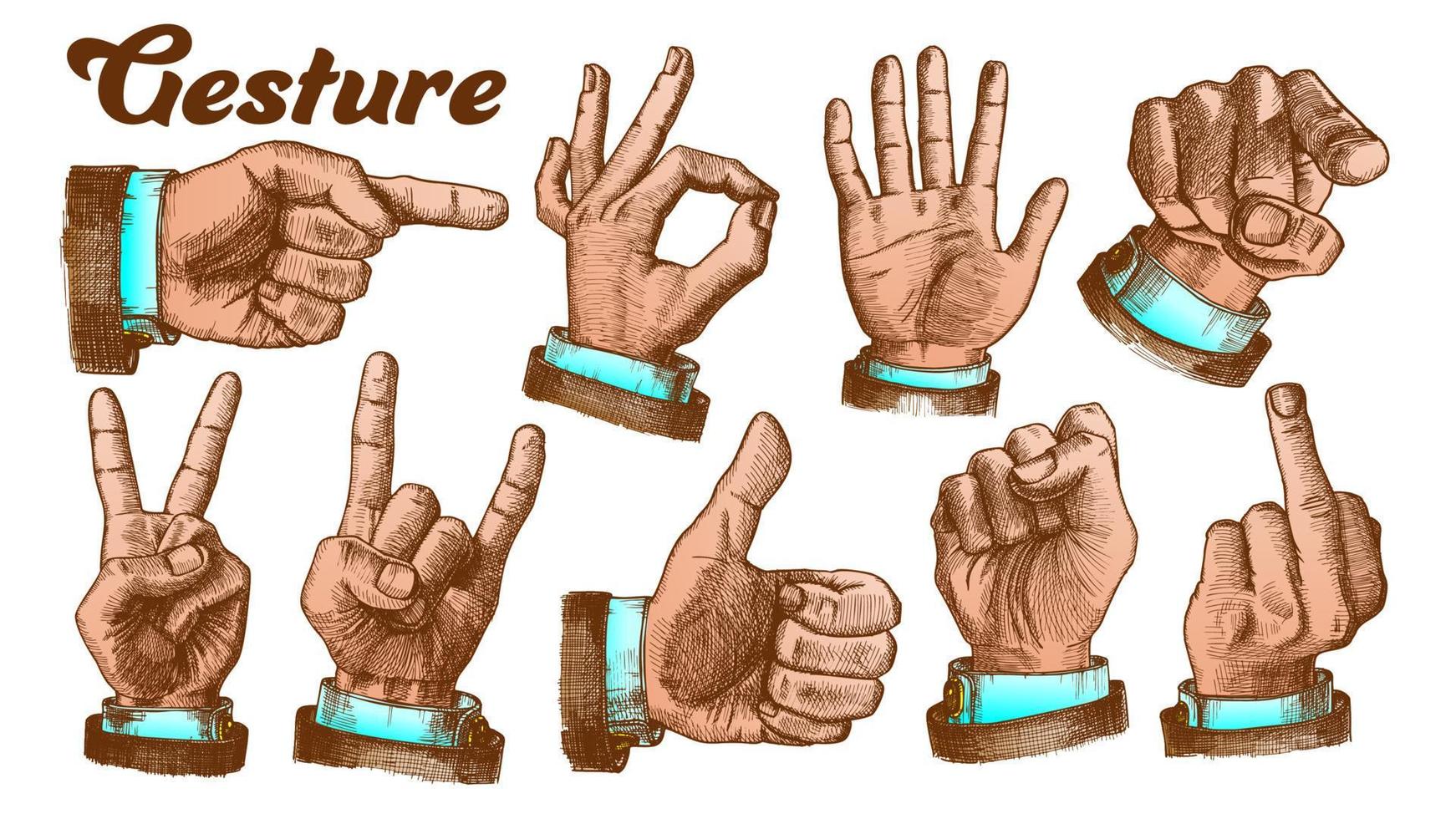 Multiple Male Color Hand Gesture Set Vector