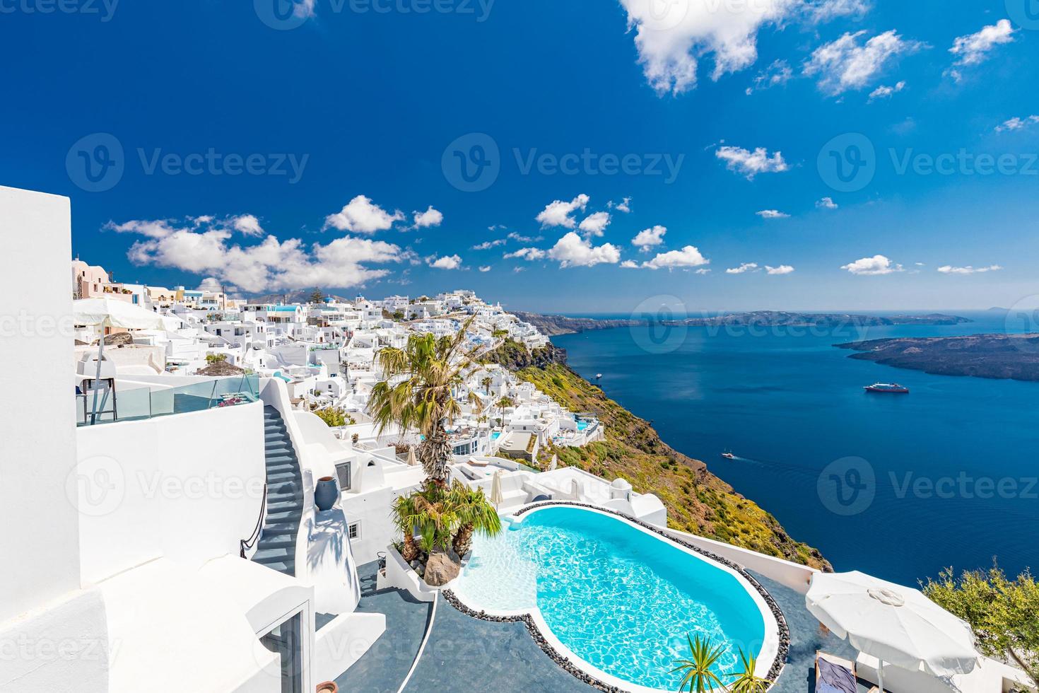 White architecture on Santorini island, Greece. Swimming pool in luxury hotel. Beautiful view, sky over blue sea. Summer vacation and holiday as travel destination concept, amazing tourism background photo