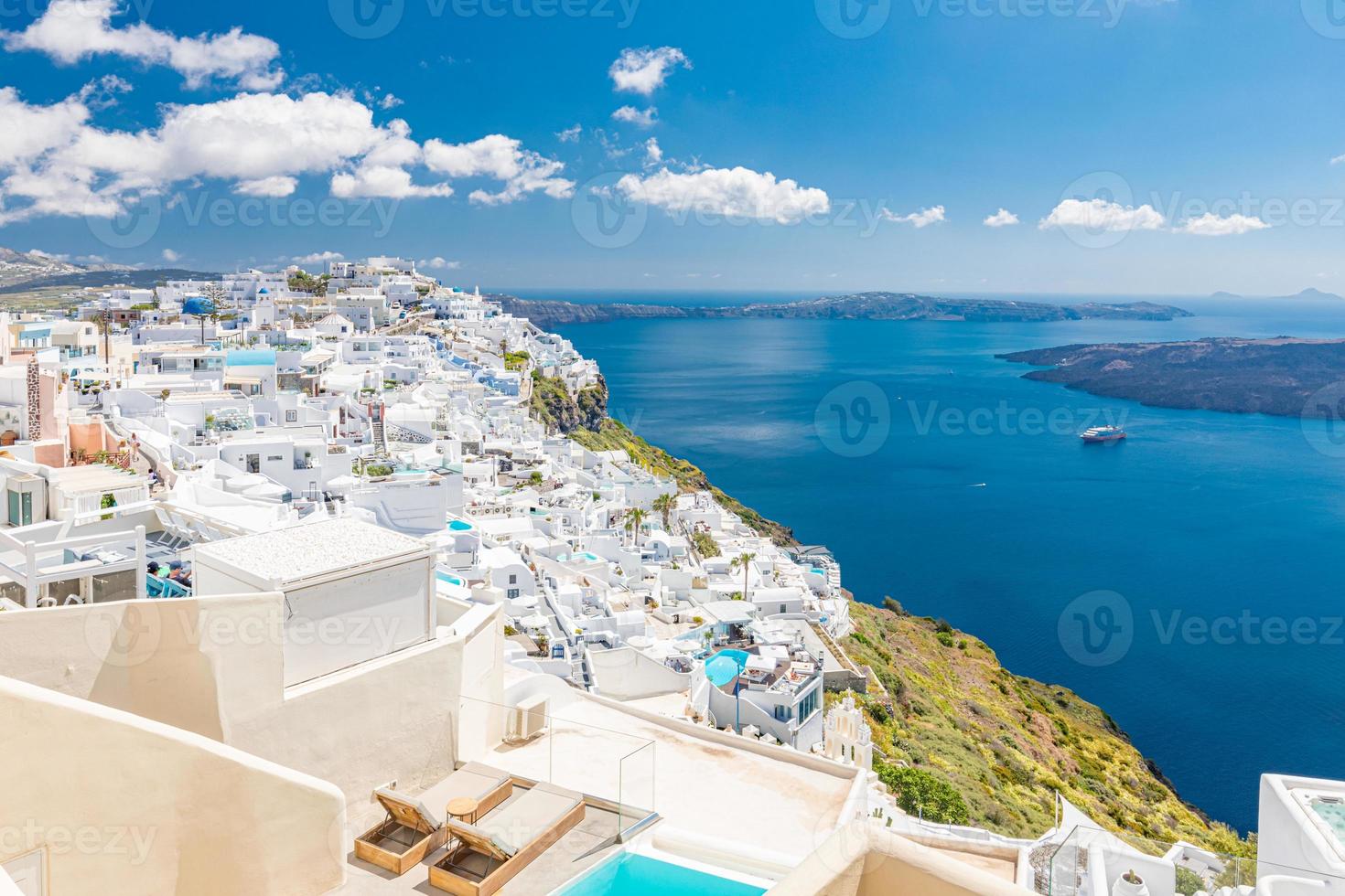 White architecture on Santorini island, Greece. Swimming pool in luxury hotel. Beautiful view, sky over blue sea. Summer vacation and holiday as travel destination concept, amazing tourism background photo