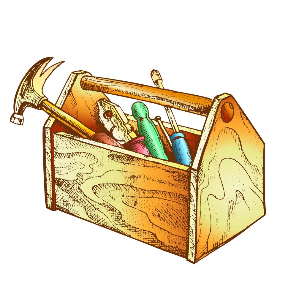 Color Vintage Wooden Toolbox With Old Instrument Vector