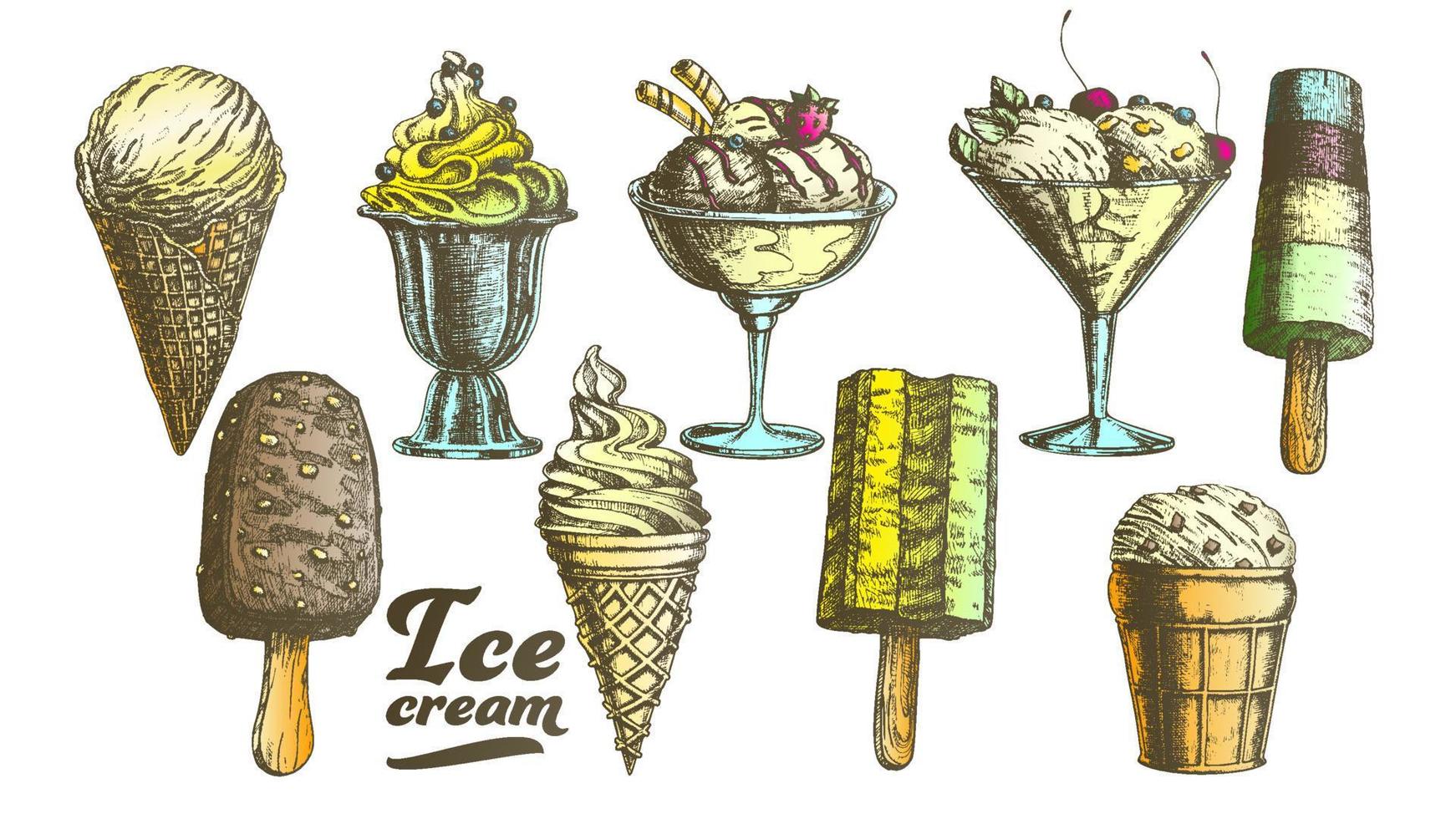 surtido de colores conjunto de helados congelados vector vintage