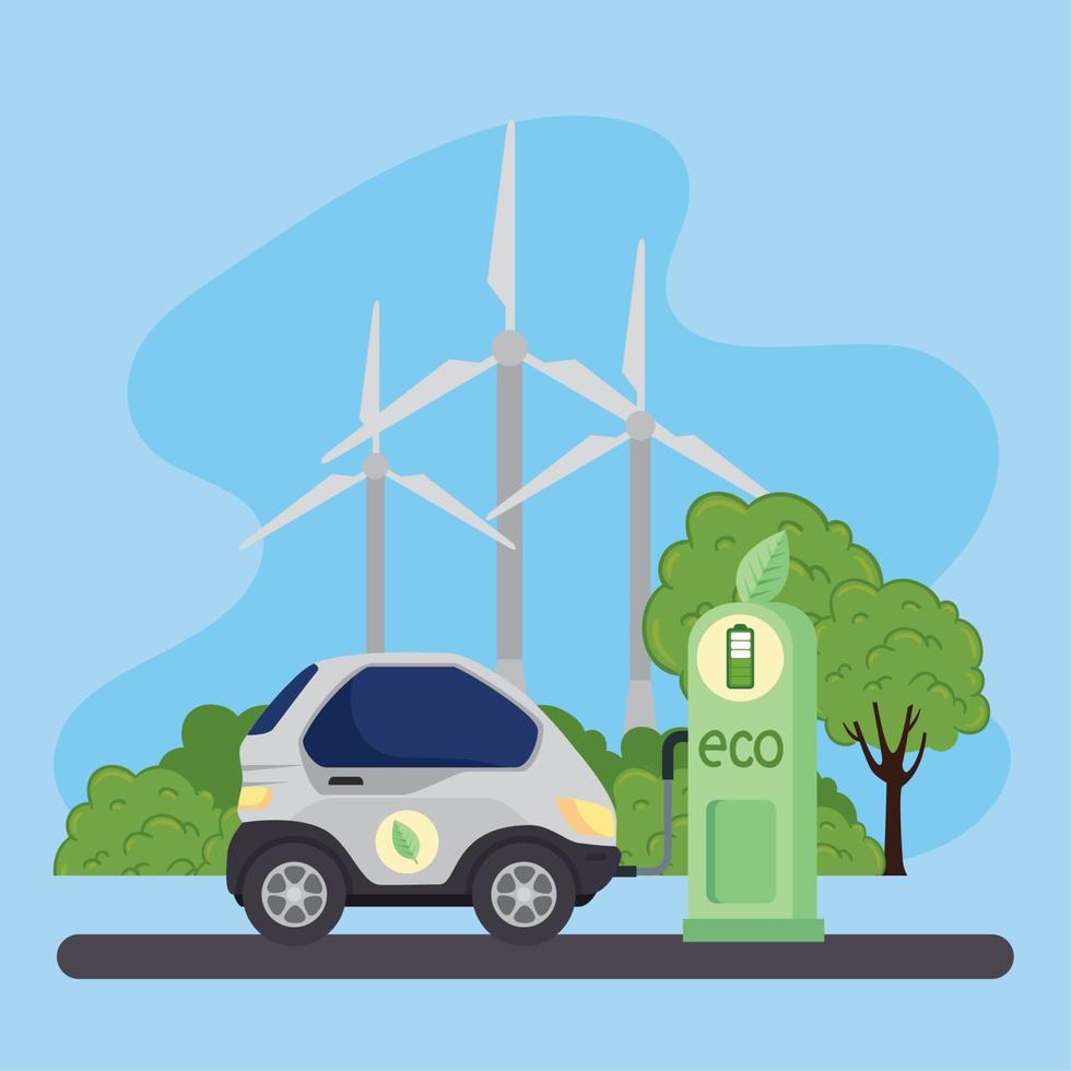 eco station with car and wind mills vector design