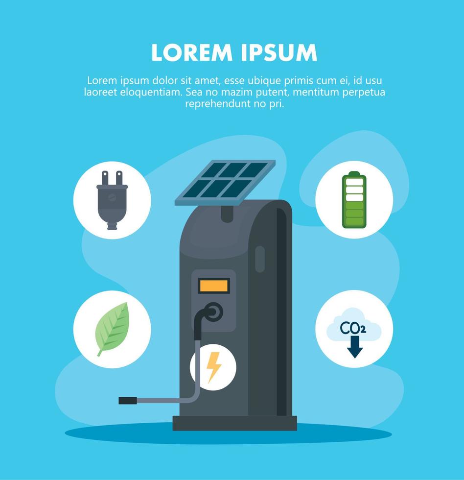 eco electric station with solar panel and icon set vector design