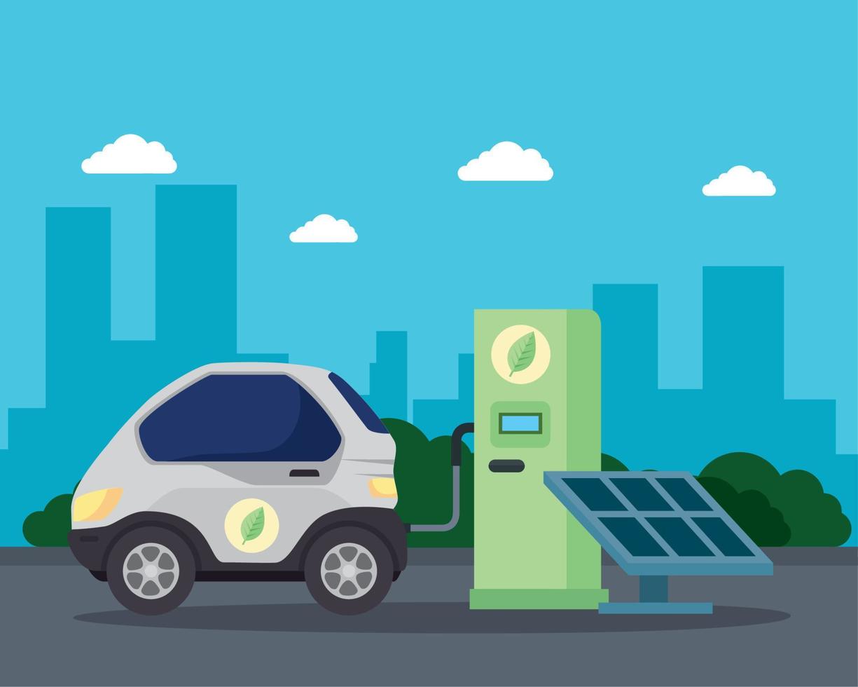 eco station with car and solar panel vector design