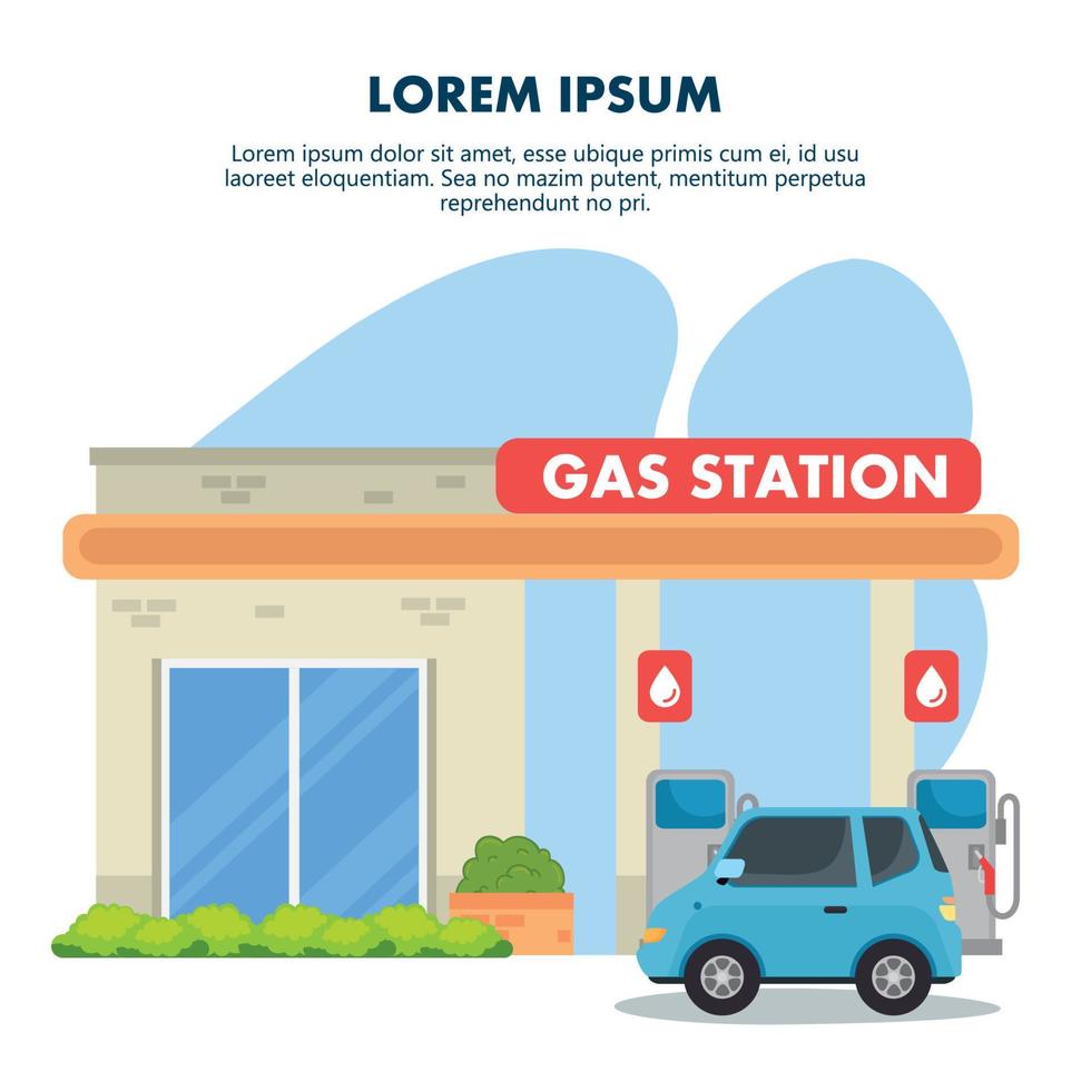 estación de bombeo de gasolina con tienda y diseño de vector de camión azul