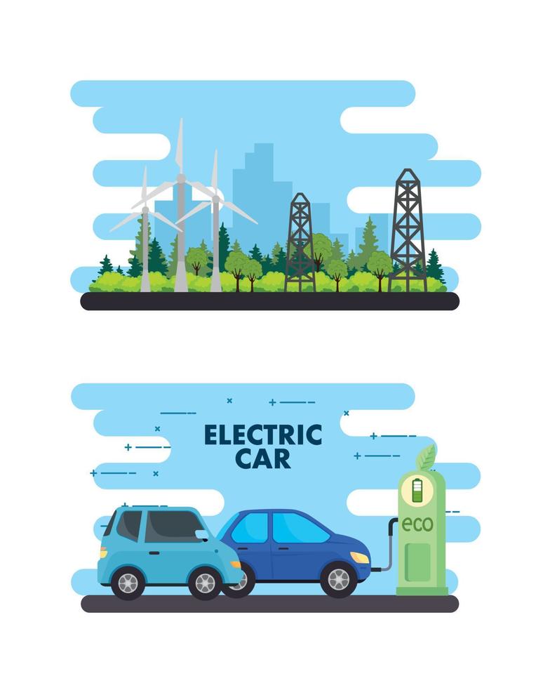 eco station with cars wind mills and towers vector design