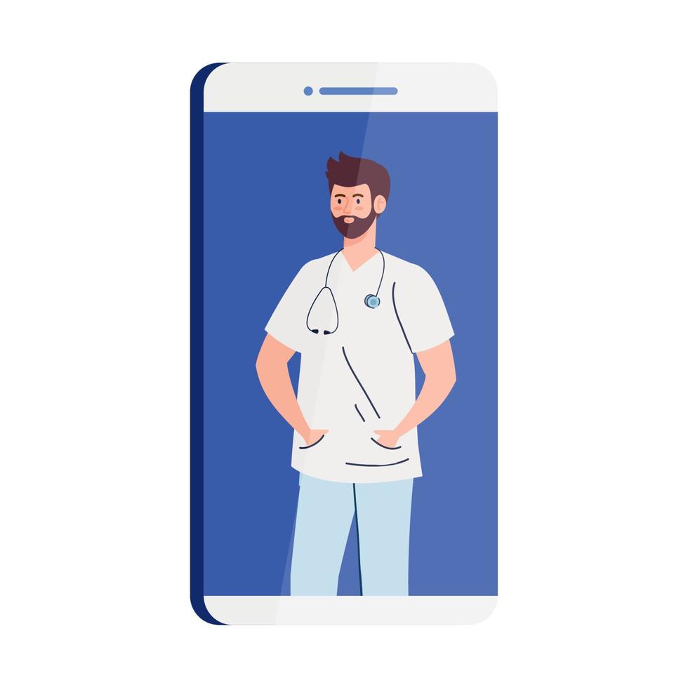 medicina en línea con un médico masculino en un teléfono inteligente vector