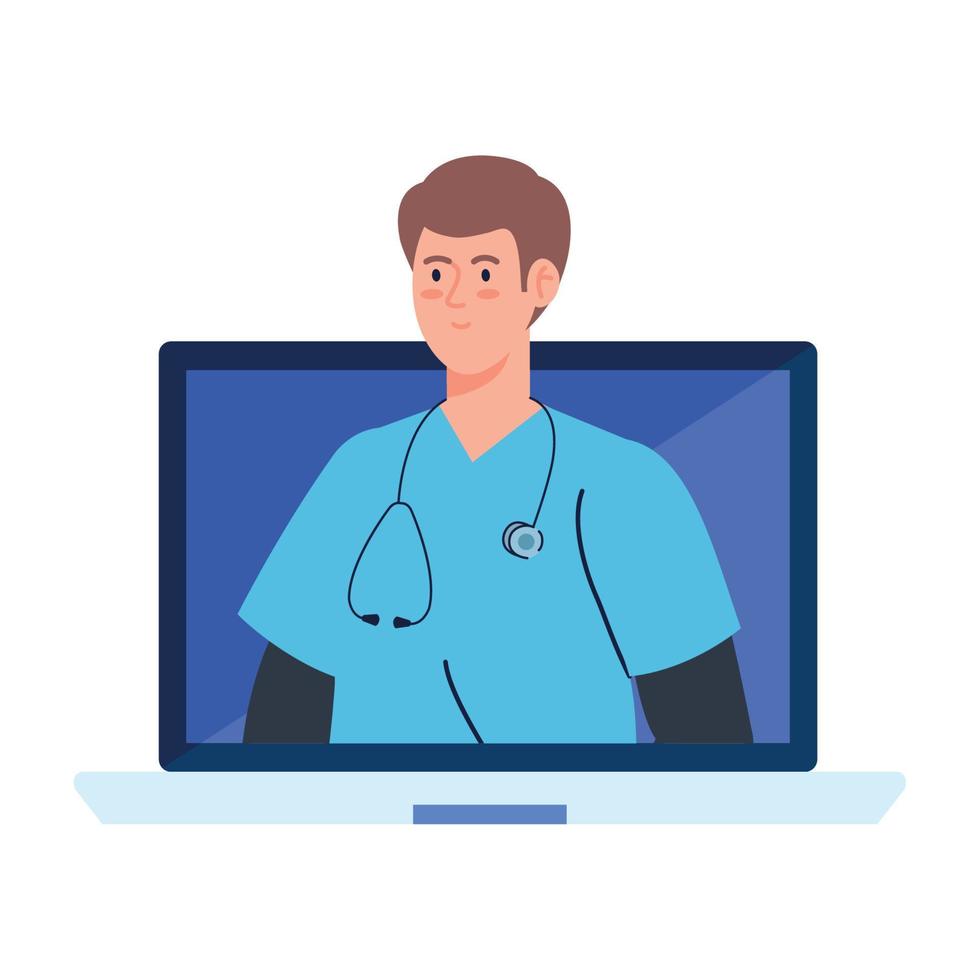 medicine online with doctor male in computer, on white background vector