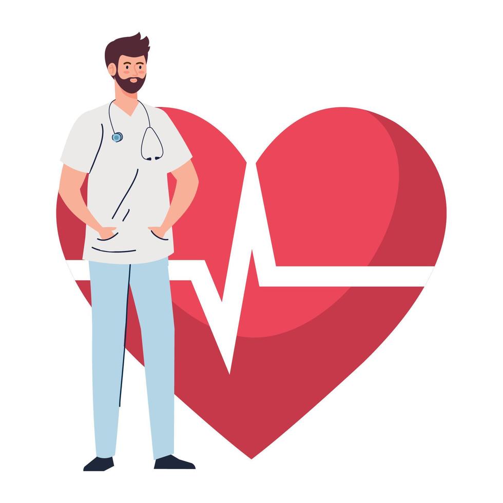 professional doctor with heart pulse on background vector