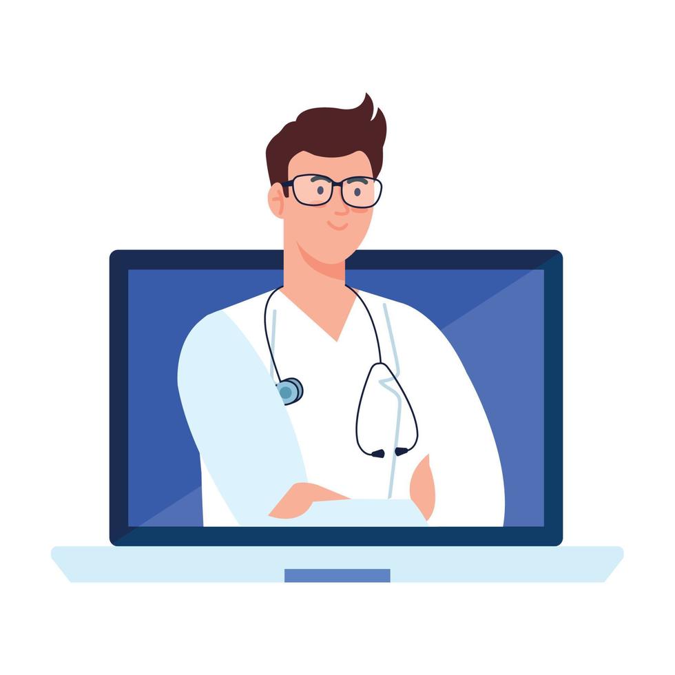medicine online with doctor male in computer, on white background vector