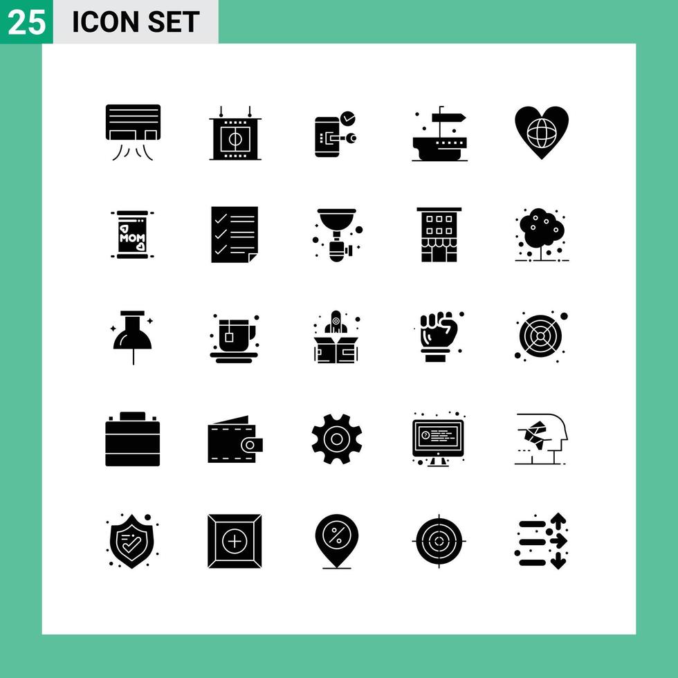 Editable Vector Line Pack of 25 Simple Solid Glyphs of world ecology mobile giving ship Editable Vector Design Elements