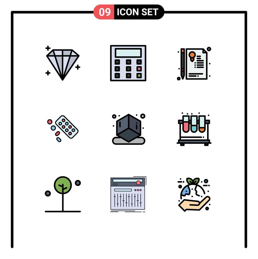 Universal Icon Symbols Group of 9 Modern Filledline Flat Colors of chemistry printing sign cube tablet Editable Vector Design Elements