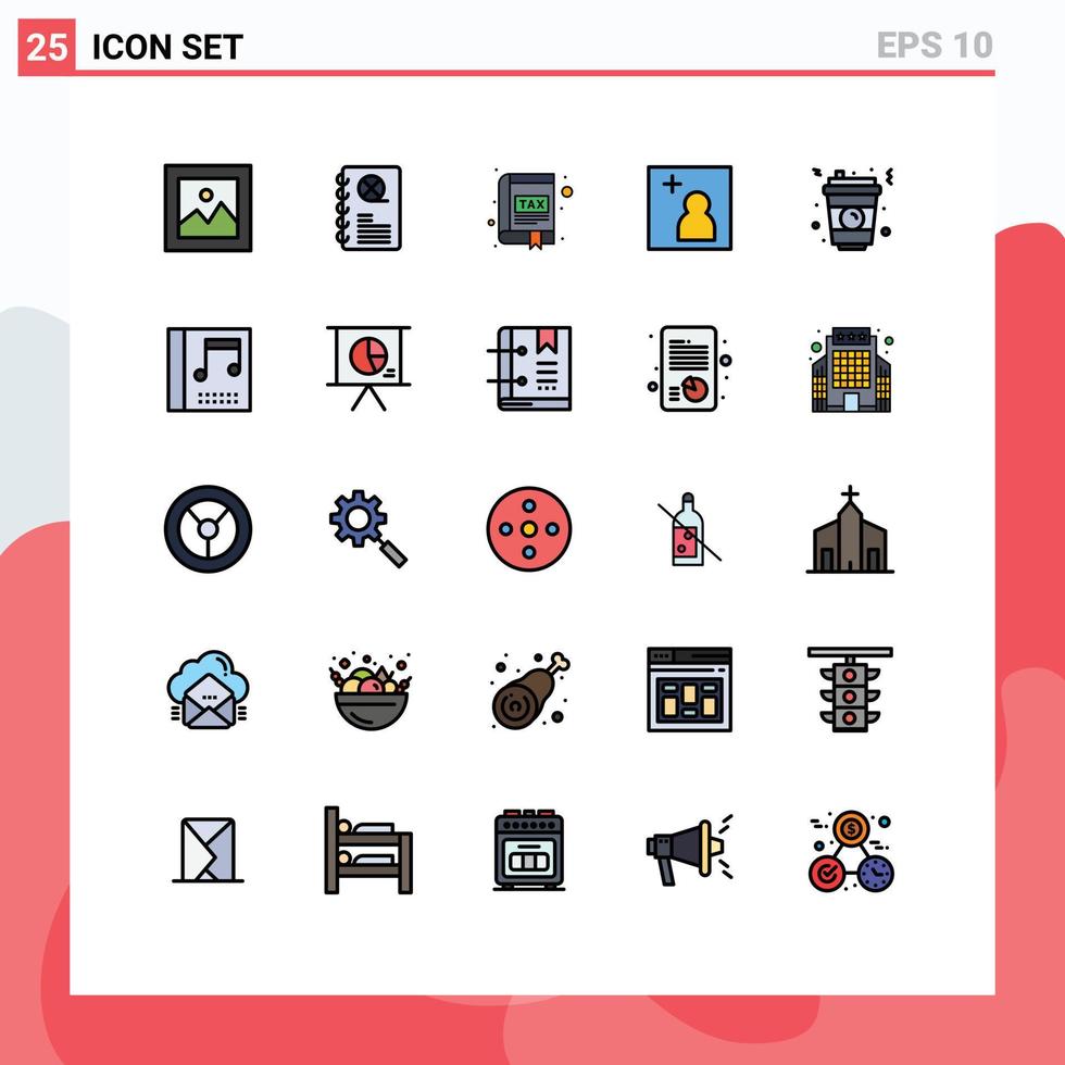 25 símbolos de signos de color plano de línea rellena universal de la aplicación de imagen de vidrio agregar elementos de diseño de vector editables de impuestos
