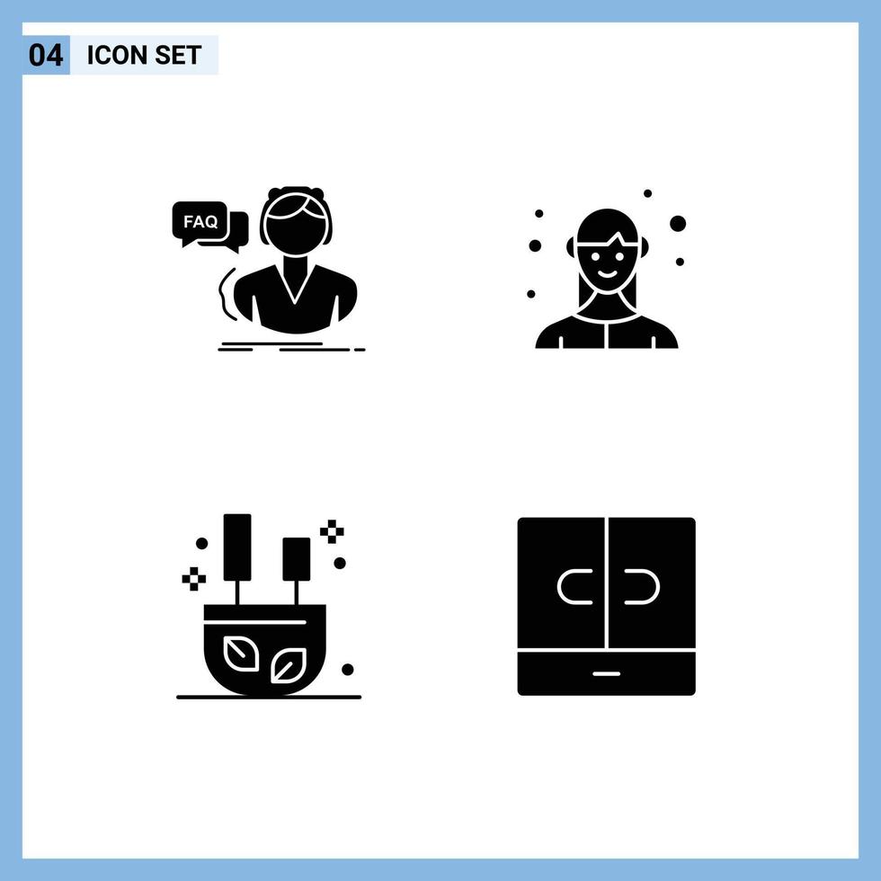 4 User Interface Solid Glyph Pack of modern Signs and Symbols of faq burning consultation female relax Editable Vector Design Elements