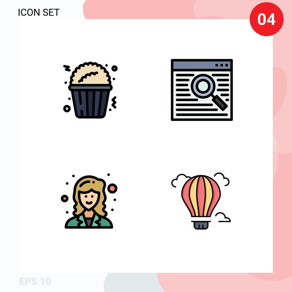 Pack of 4 Modern Filledline Flat Colors Signs and Symbols for Web Print Media such as popcorn researcher browser window balloon Editable Vector Design Elements