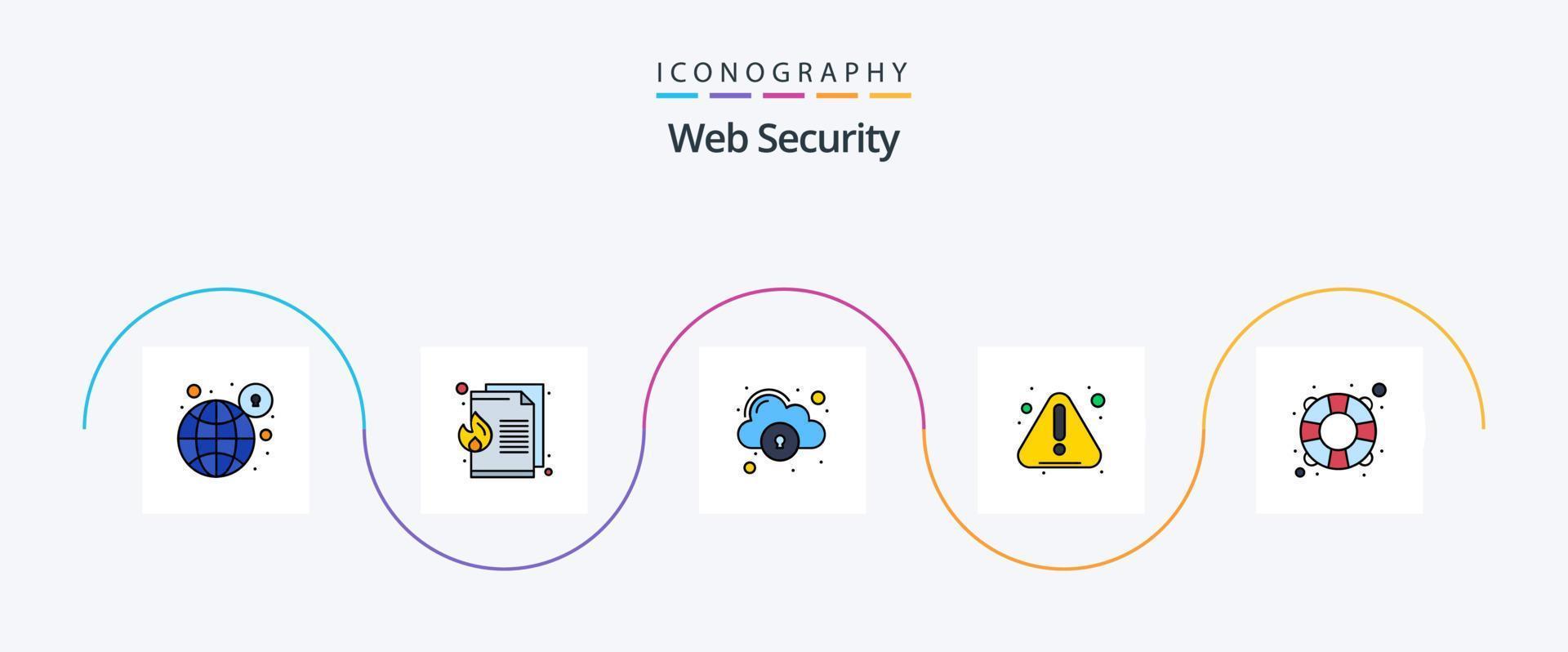 Web Security Line Filled Flat 5 Icon Pack Including help. notice. document loss. error. security vector