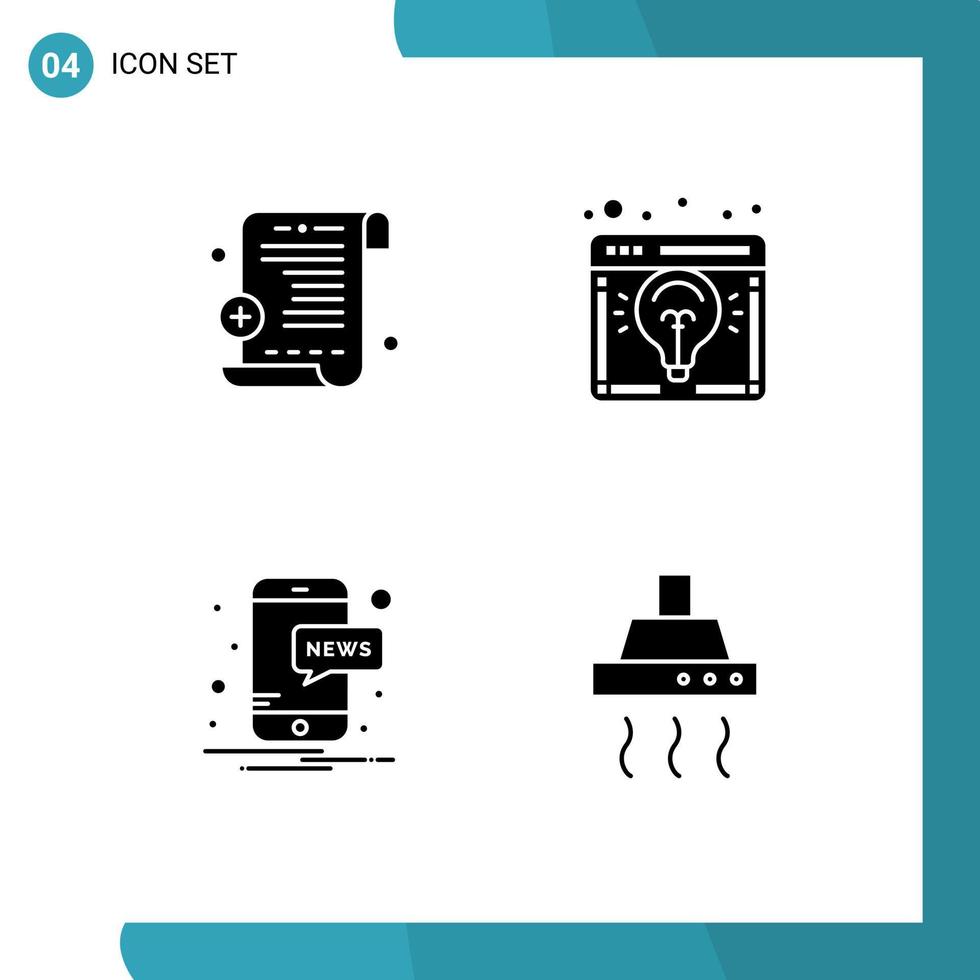 4 signos de glifo sólido universal símbolos de notificación de informe médico idea de negocio bombilla alimentos elementos de diseño vectorial editables vector