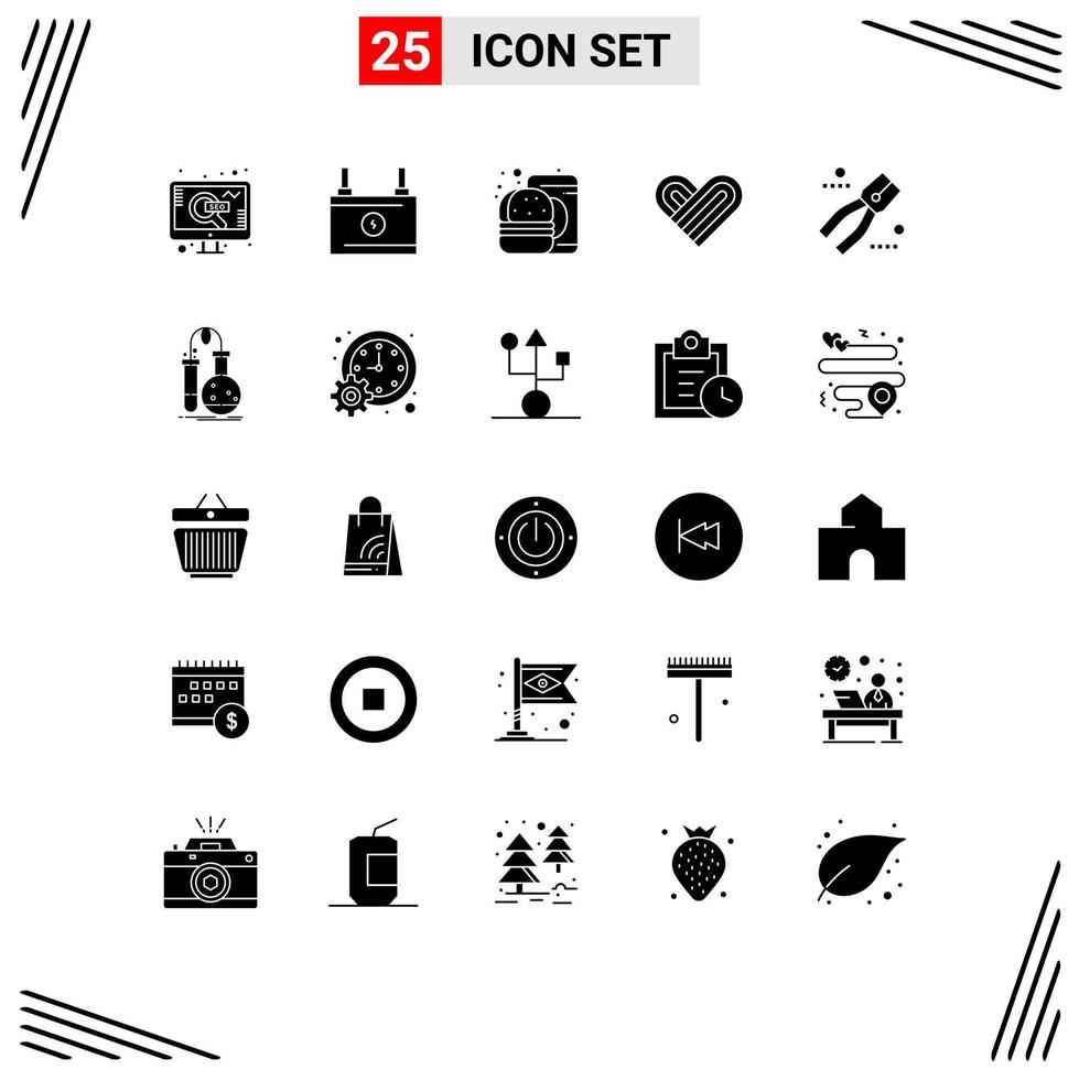 25 Universal Solid Glyphs Set for Web and Mobile Applications pliers construction burger valentine heart Editable Vector Design Elements