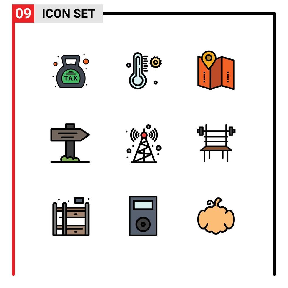 conjunto de pictogramas de 9 colores planos de línea de llenado simple de la dirección del puntero del mapa de la torre de comunicación de la torre elementos de diseño vectorial editables vector