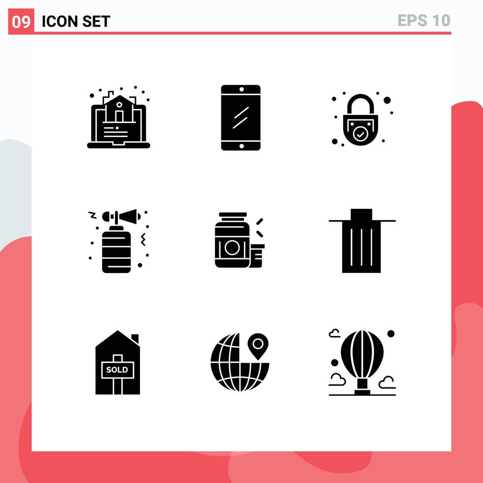 Universal Icon Symbols Group of 9 Modern Solid Glyphs of bodybuilding night lock celebration security Editable Vector Design Elements