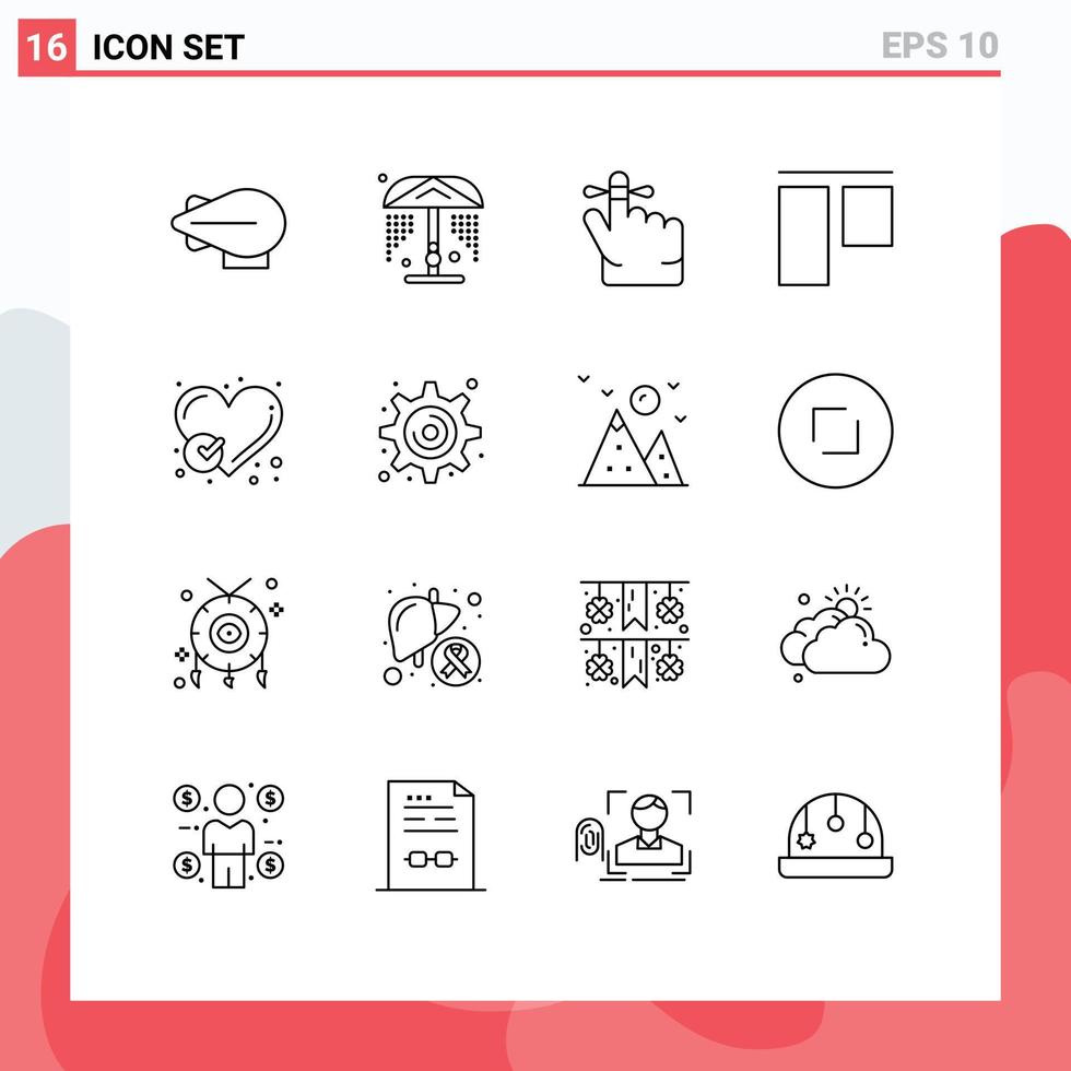 Editable Vector Line Pack of 16 Simple Outlines of gear like align heart checked Editable Vector Design Elements