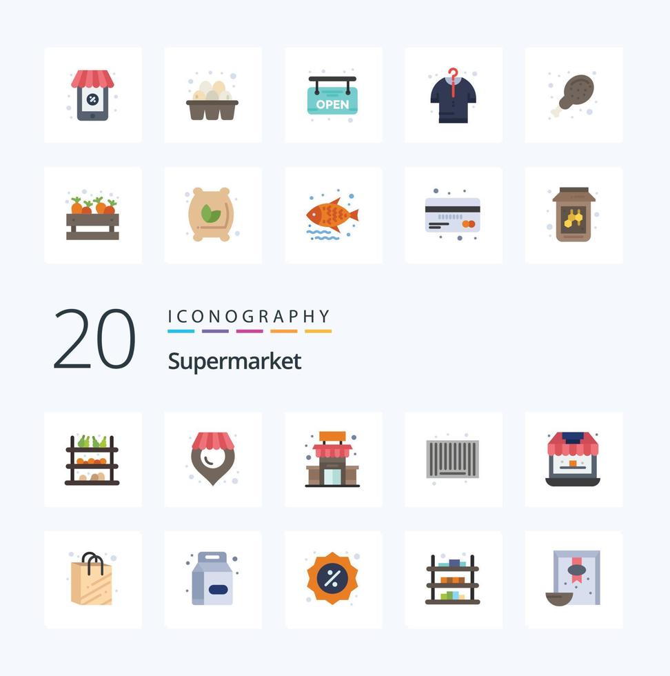 20 Supermarket Flat Color icon Pack like shopping groceries shop shopping product vector