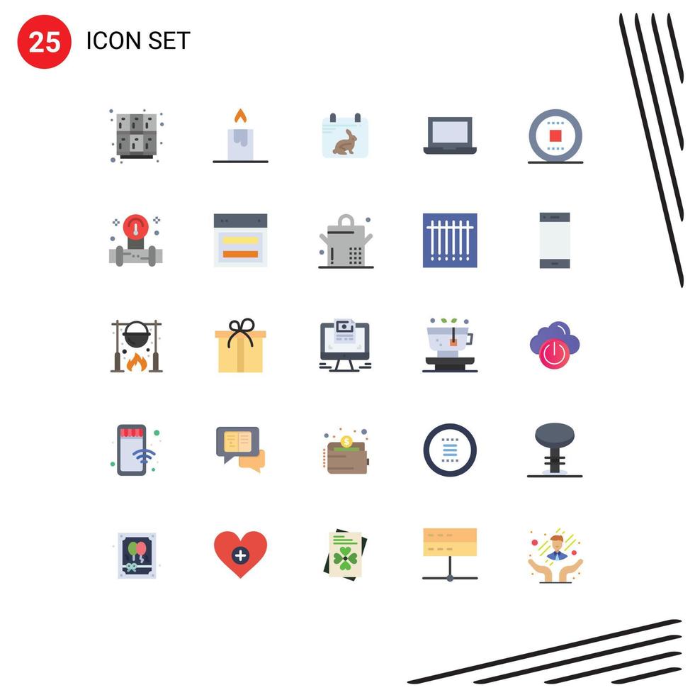 User Interface Pack of 25 Basic Flat Colors of track media day control laptop Editable Vector Design Elements