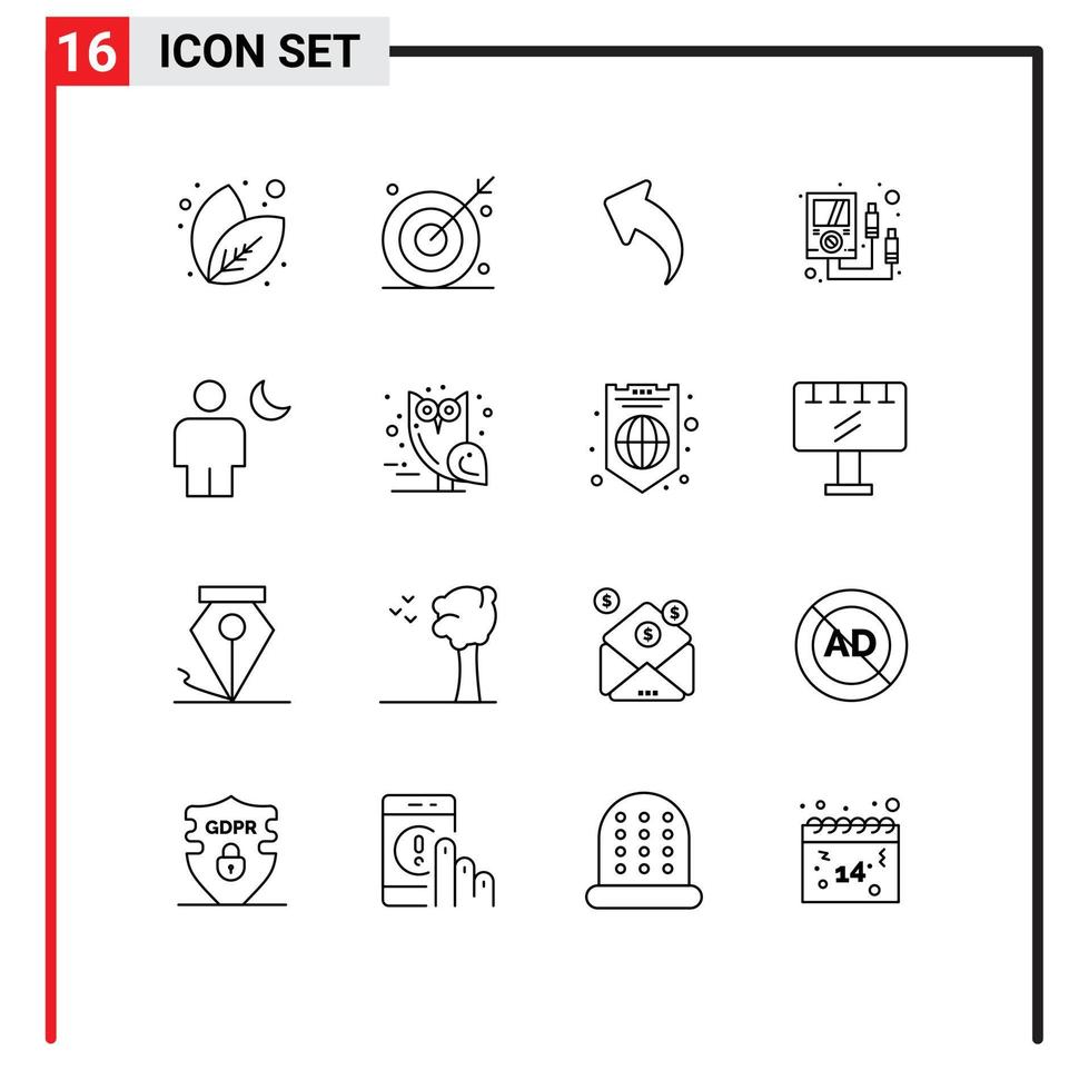 16 iconos creativos, signos y símbolos modernos del cuerpo, multímetro, tiro, objetivo, amperímetro, elementos de diseño vectorial editables vector