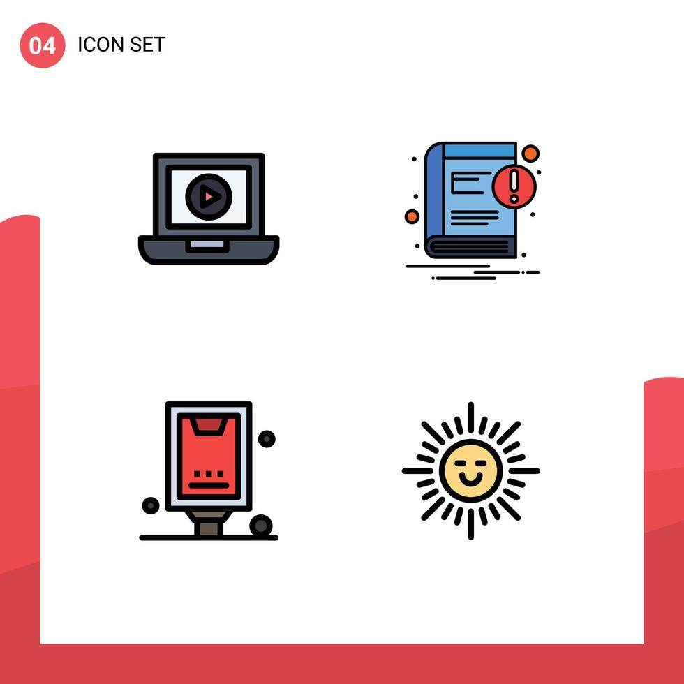 conjunto de pictogramas de 4 colores planos de línea de llenado simple de elementos de diseño de vector editables de cartel de notificación de libro de cartelera de computadora portátil