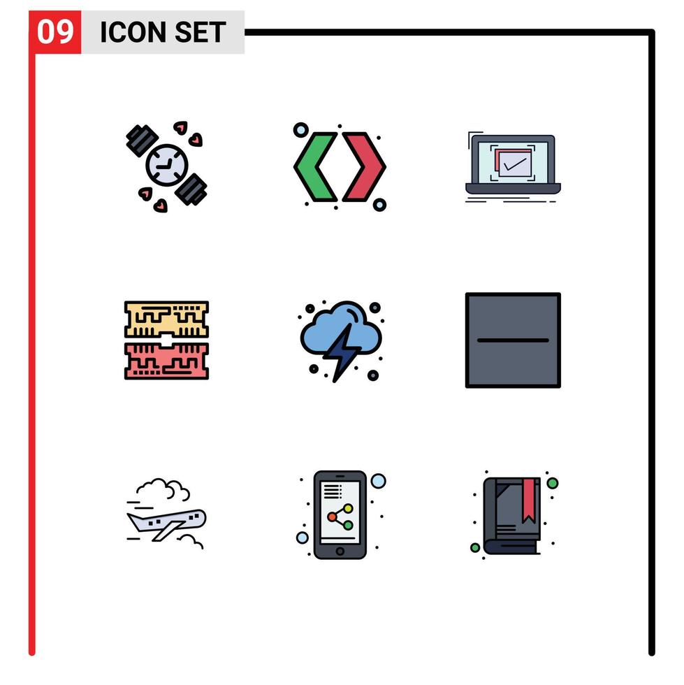 Pictogram Set of 9 Simple Filledline Flat Colors of energy dimm monitoring computer cards Editable Vector Design Elements