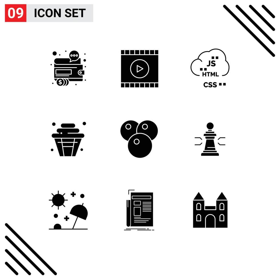 Editable Vector Line Pack of 9 Simple Solid Glyphs of party cup web cake develop Editable Vector Design Elements
