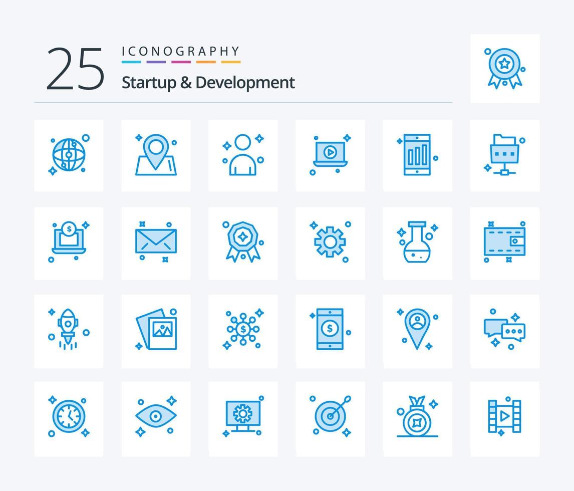 Startup And Develepment 25 Blue Color icon pack including file. chart. man. cell. video vector