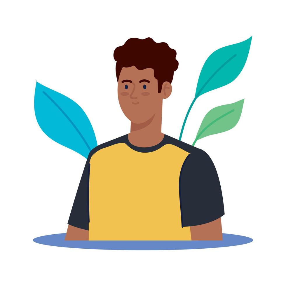 young man afro in nature and leaves on white background vector