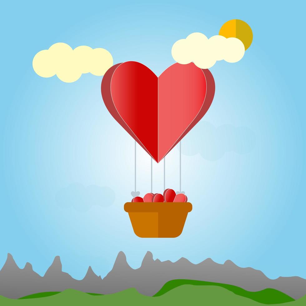 afiche o pancarta con cielo azul y nubes cortadas en papel. lugar para el texto. plantilla de cupón o encabezado de venta de feliz día de san valentín con corazones colgantes. vector