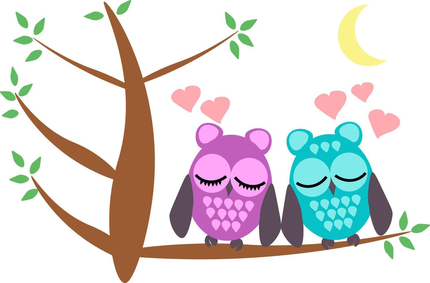 Lovelorn owls sit on a tree branch under the moon, celebrating Valentine's Day vector