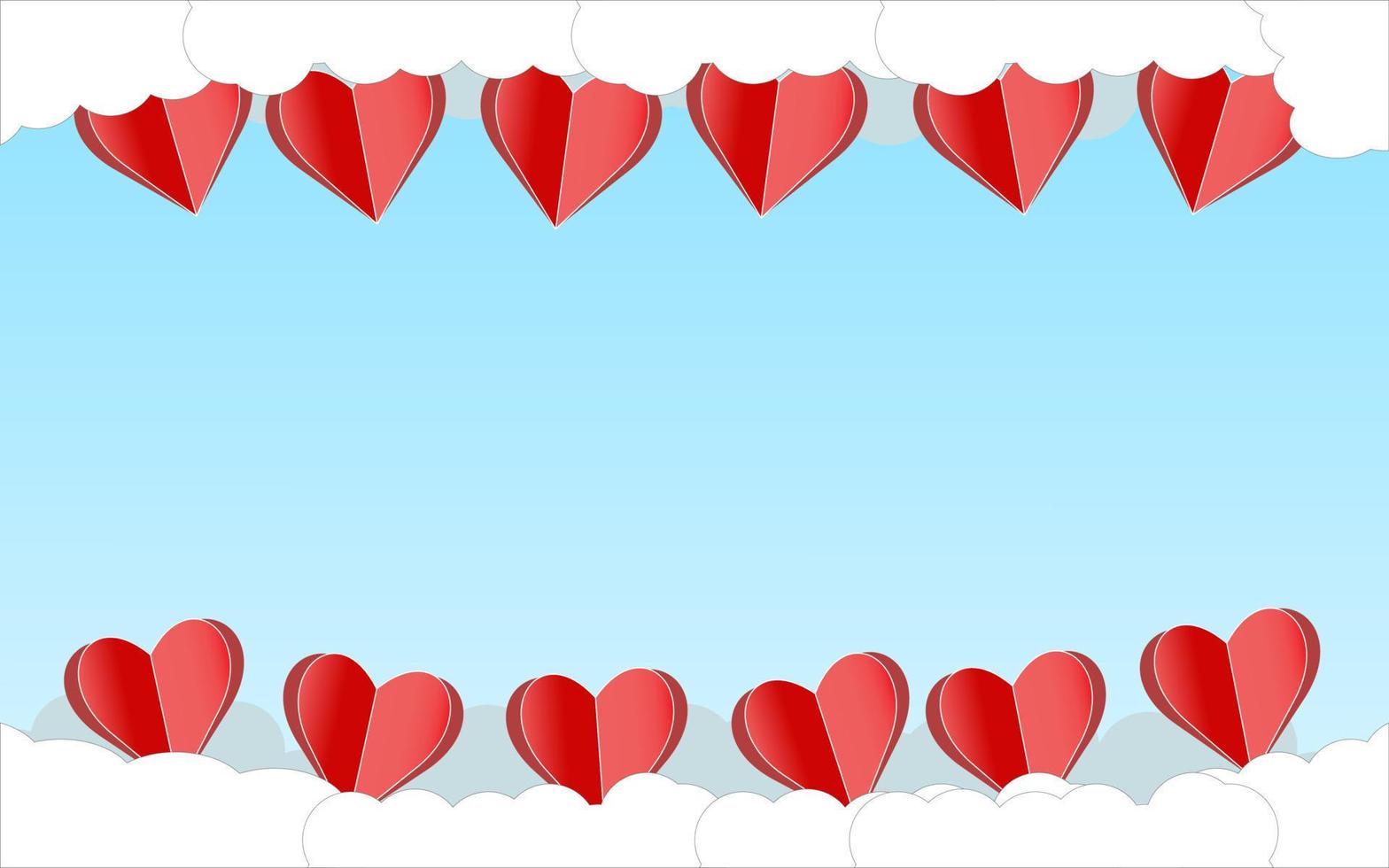 Red paper hearts and clouds over the tuquiose background. Abstract background with paper cut shapes. Sainte Valentine, mother's day, birthday greeting cards, invitation, celebration concept vector