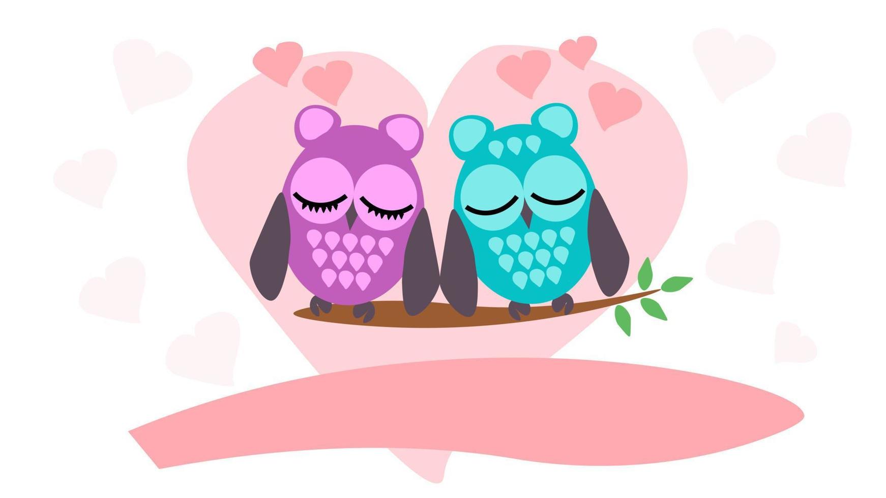 background with couple of owls sitting on branch, celebrating valentine's day. vector