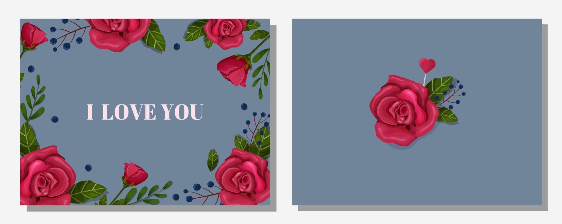 día de San Valentín. postal, pancarta, plantilla imprimible. rosas, hojas, flores, felicitaciones, flores. vector. vector