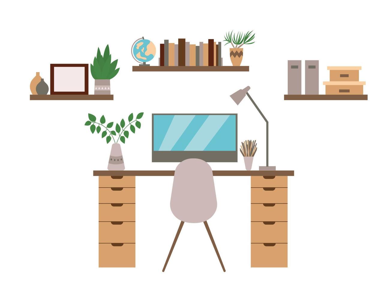 Modern workspace with computer table, chair, lamp and bookshelves. Flat vector illustration. Interior design of study room. Office furniture, online workspace.